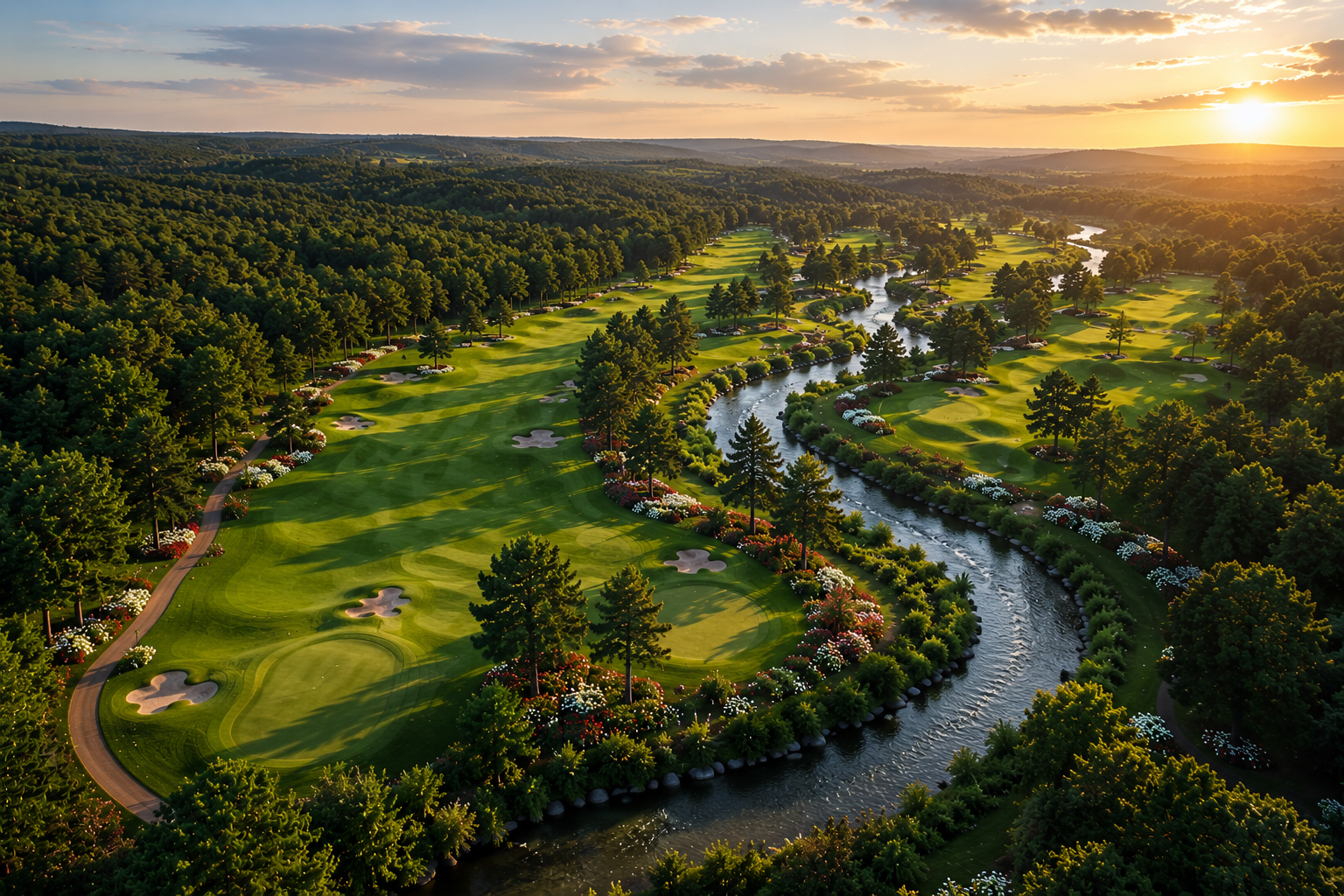 Vue aérienne d'un golf au lever du soleil — film créé par IA, ORYGEN FILMS