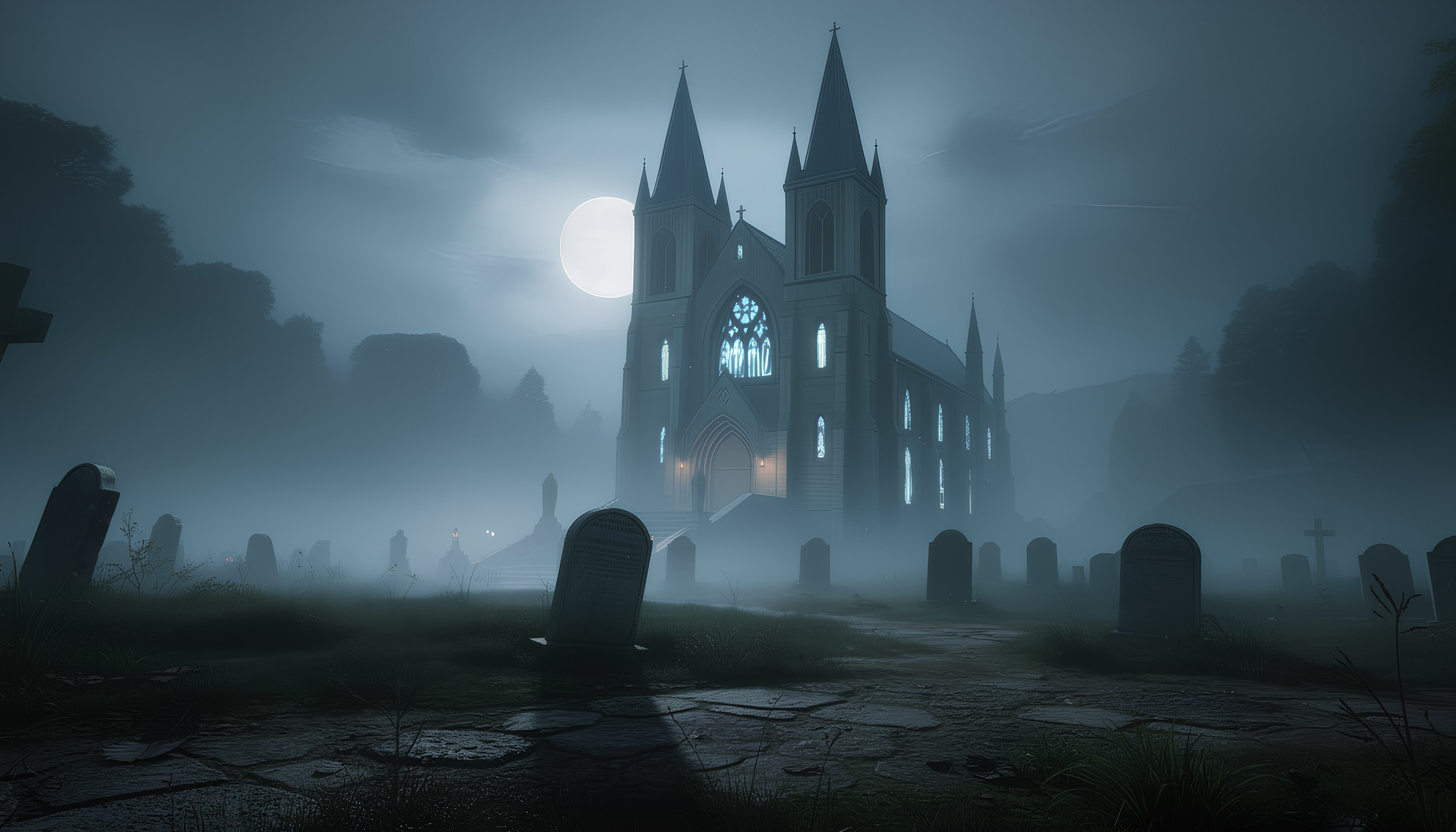 Église gothique dans la brume au clair de lune — film Heirate Mich