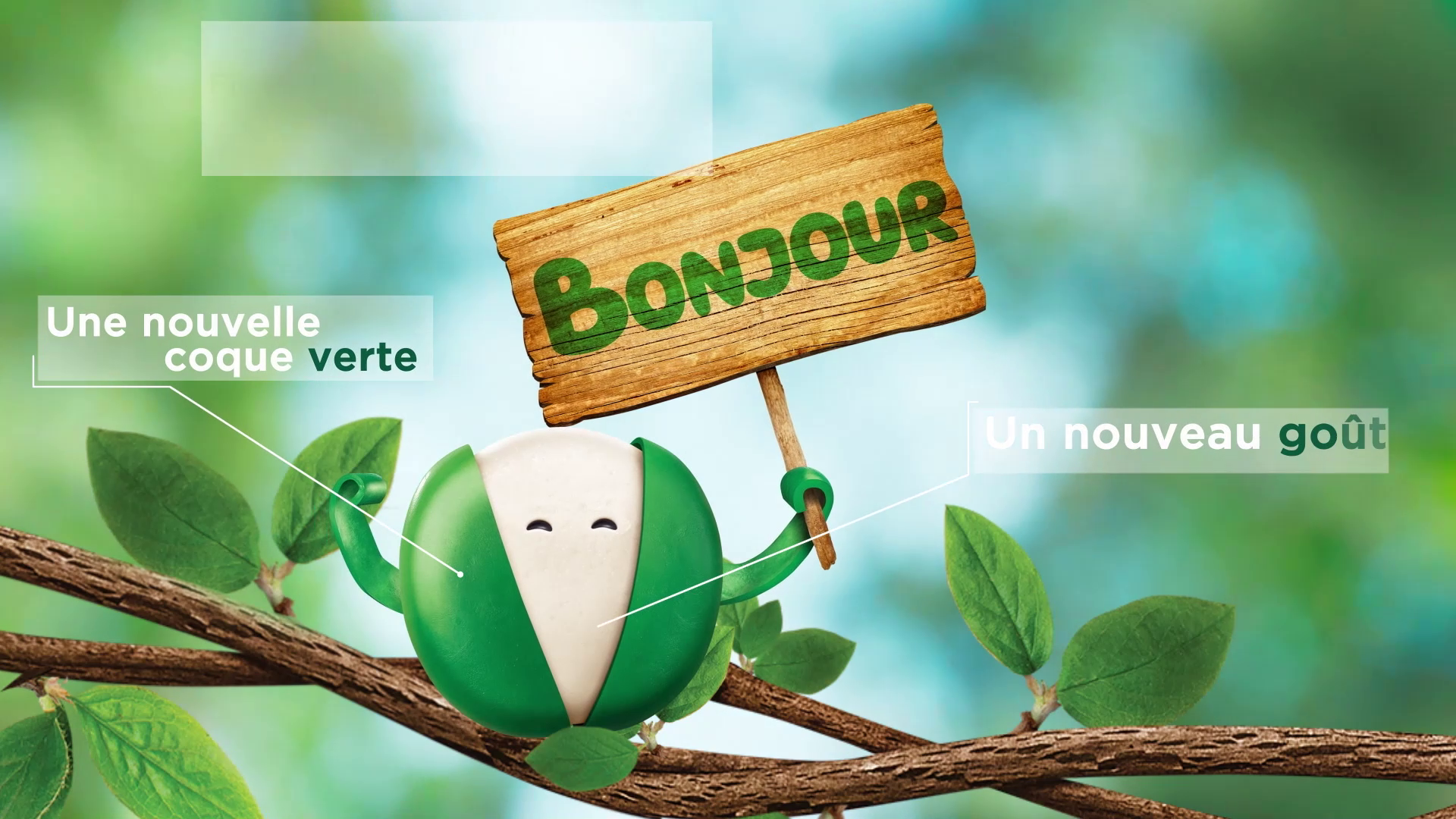 Animation 3D du personnage Mini Babybel à la coque verte